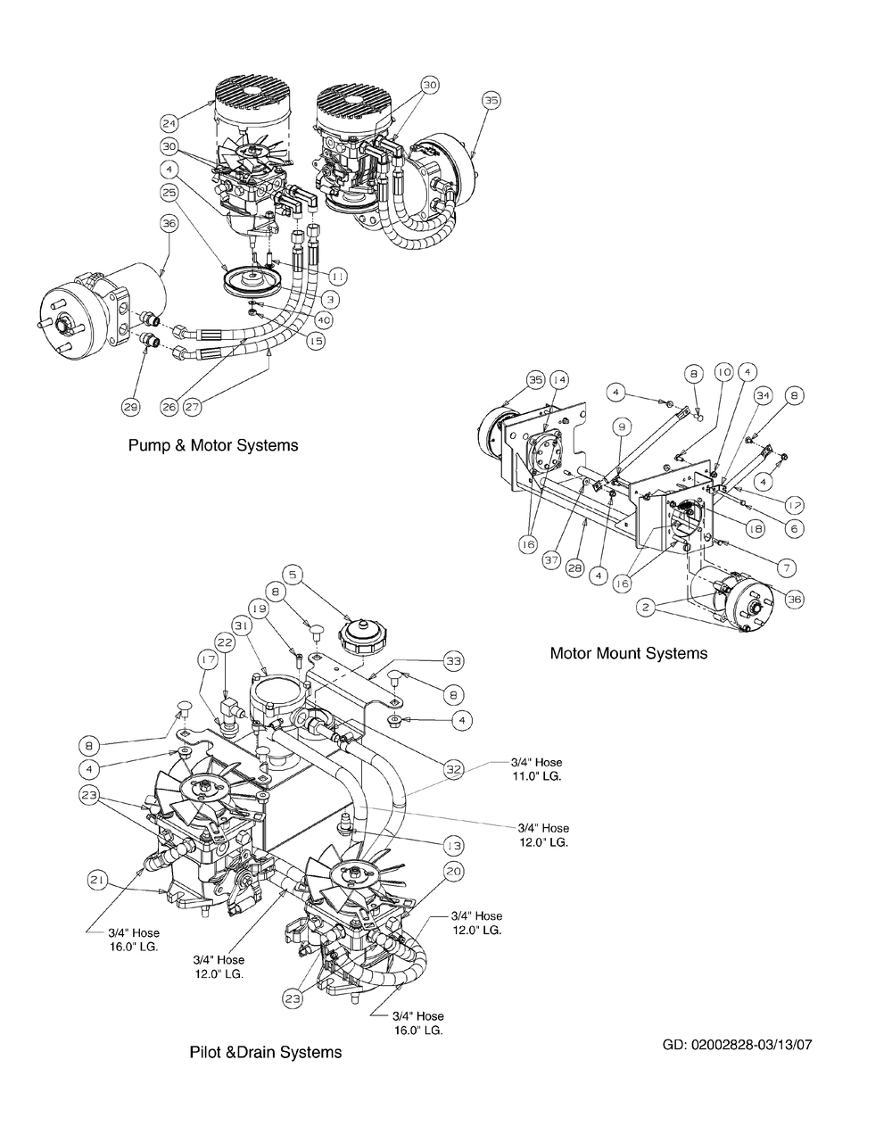 Hydro Hose And Pump Assembly Diagram and Parts List for M54-KW 53AI8CTW750-23HP-OHV Cub Cadet Lawn Tractor